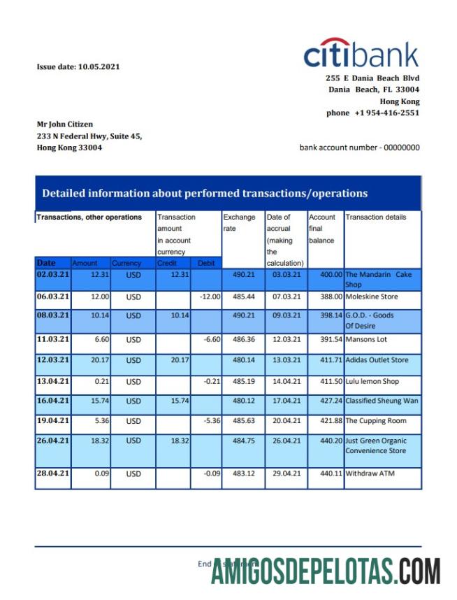 Exemplo do Citibank Excel de Hong Kong